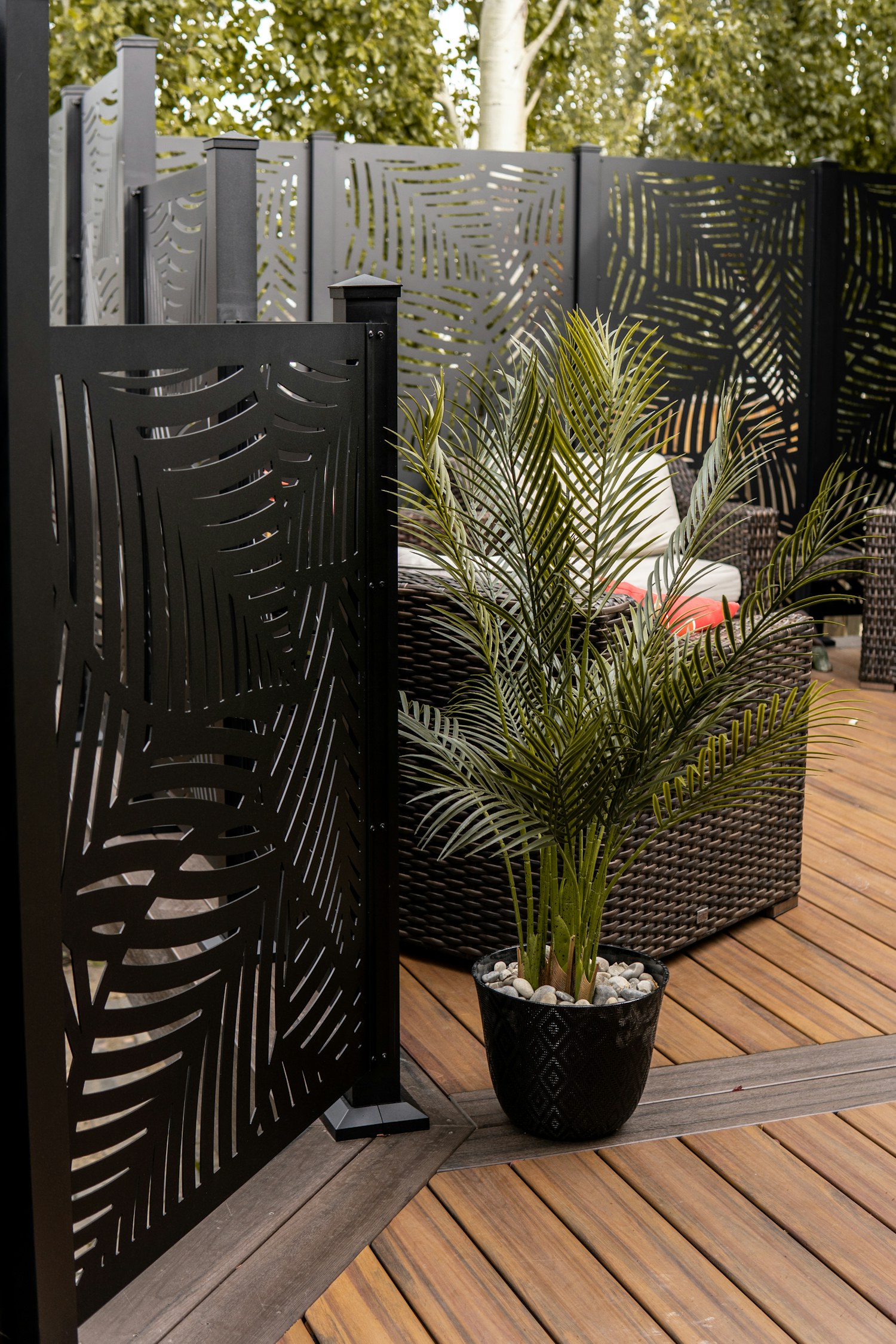 A potted plant on a wooden deck outdoors