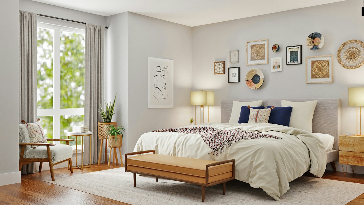 A bedroom with a bed, leather bench, and wall art in a sunlit room
