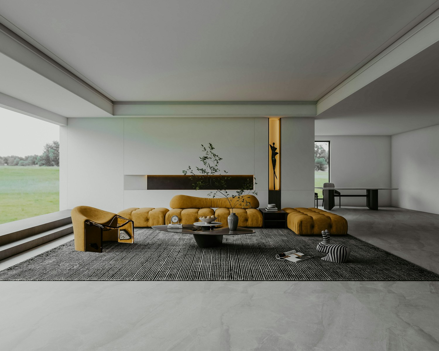 A modern living room with a large window and low table