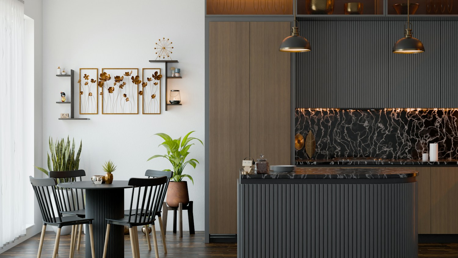 A kitchen and dining area with a table and chairs