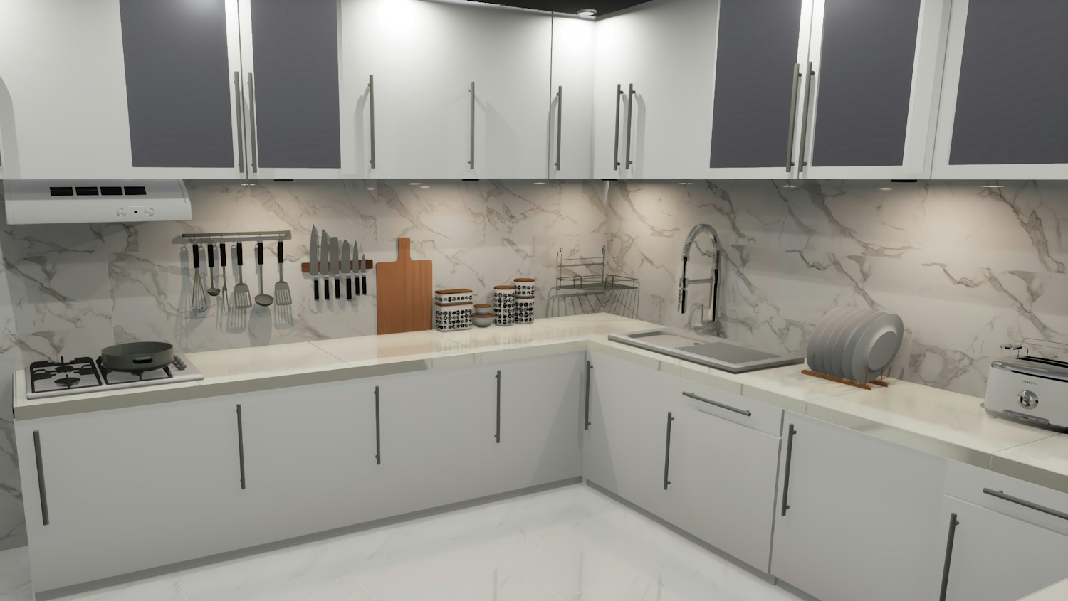 A bright kitchen with white cabinets and a stone counter