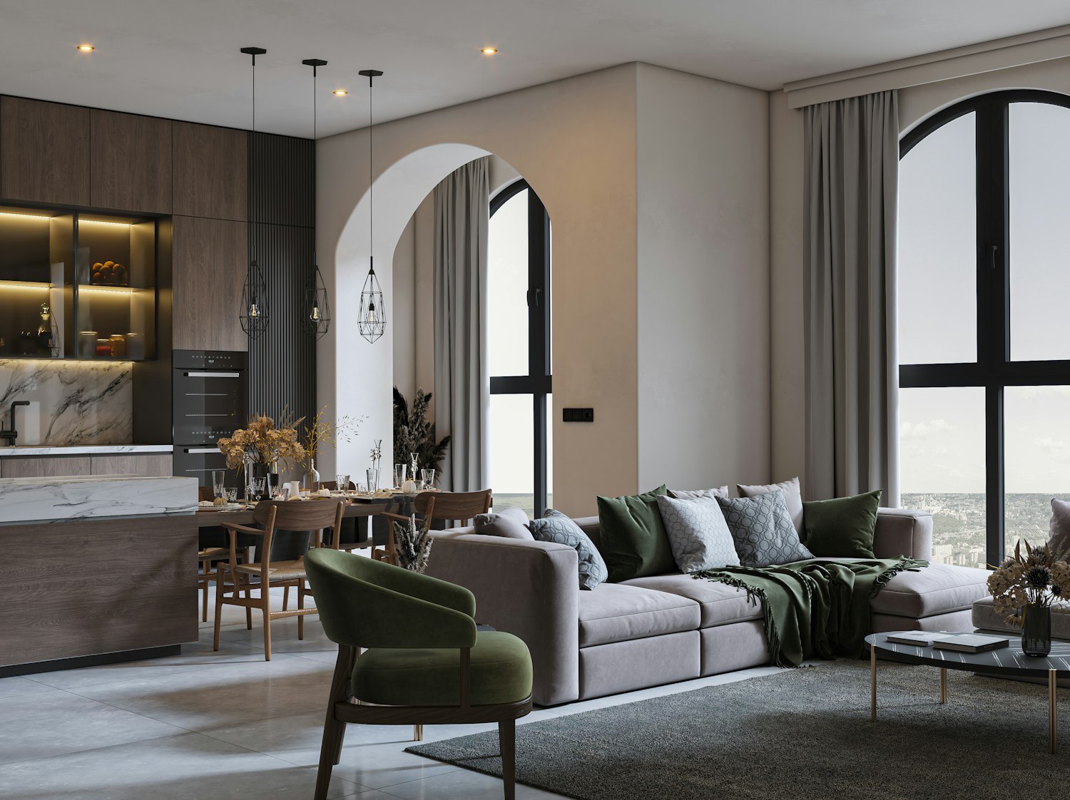 A living room with a large window and comfortable seating