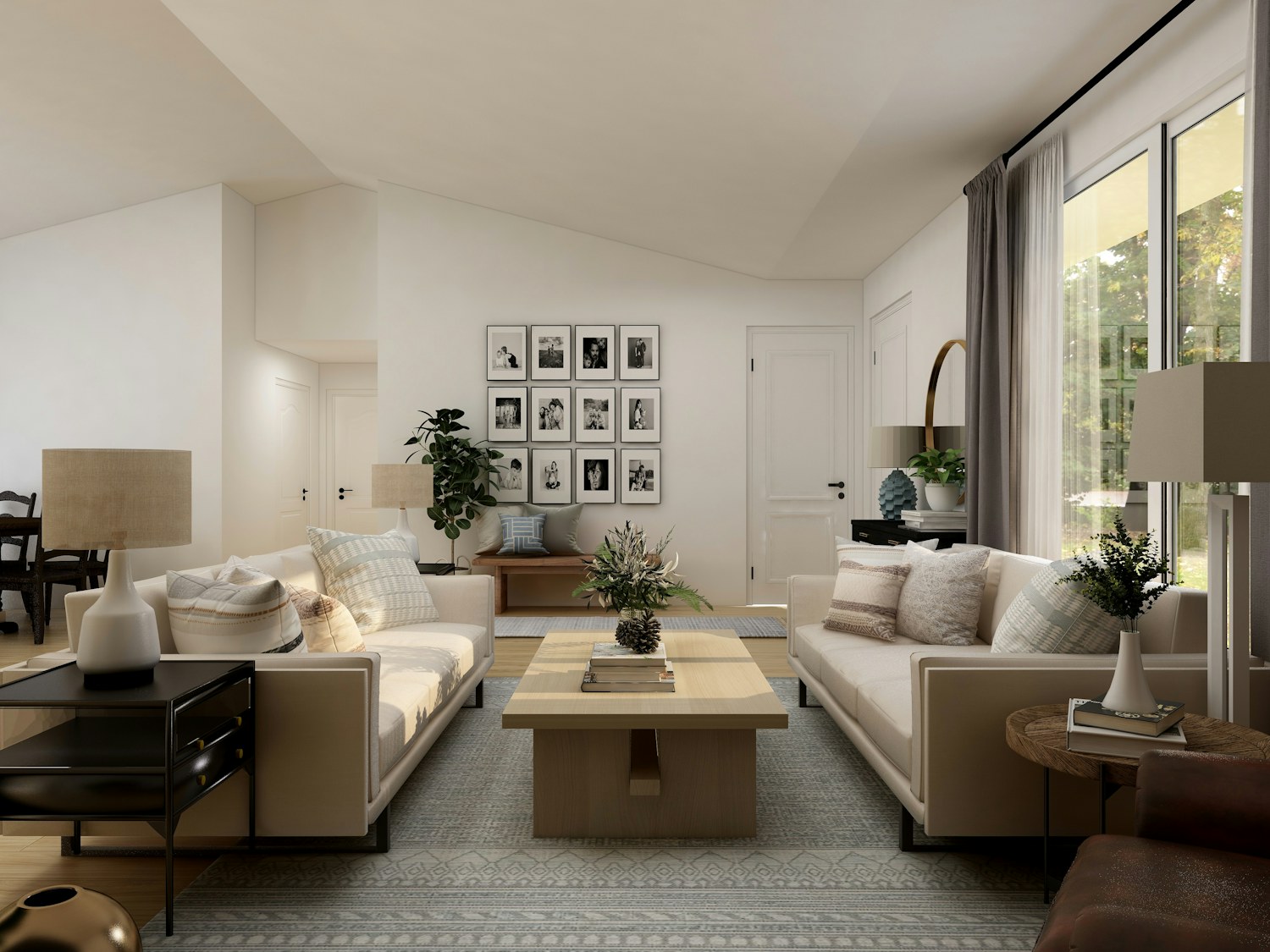 A white sofa and green potted plant in a modern living room