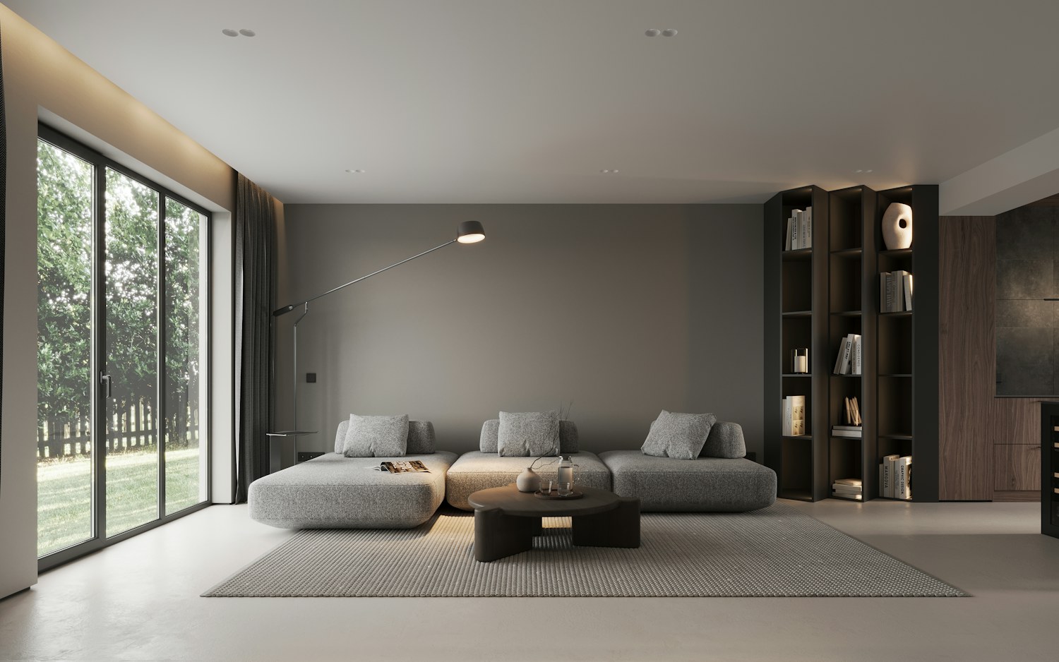 A modern living room arranged around a wide window