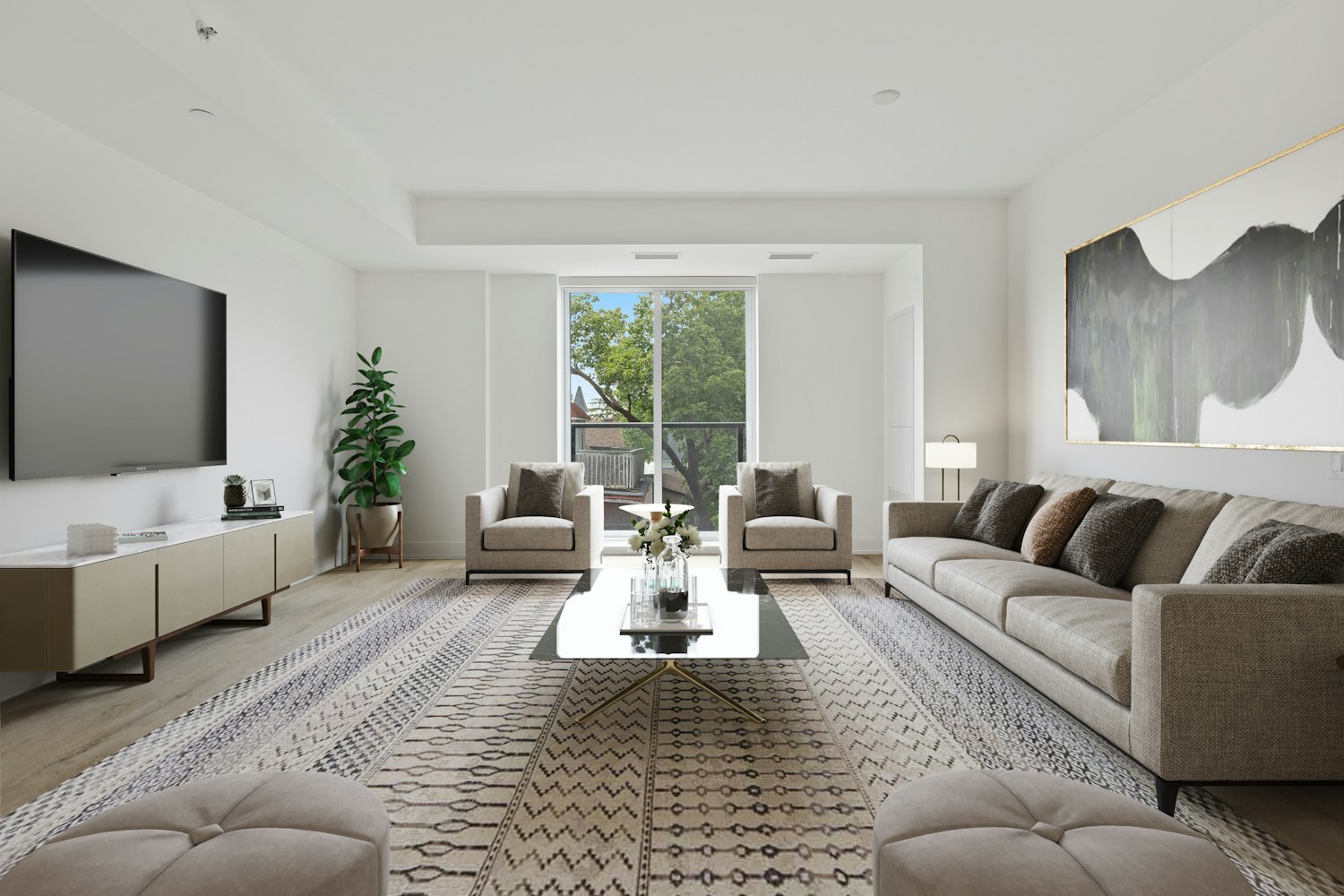 A bright sitting room with a glass window and neutral seating